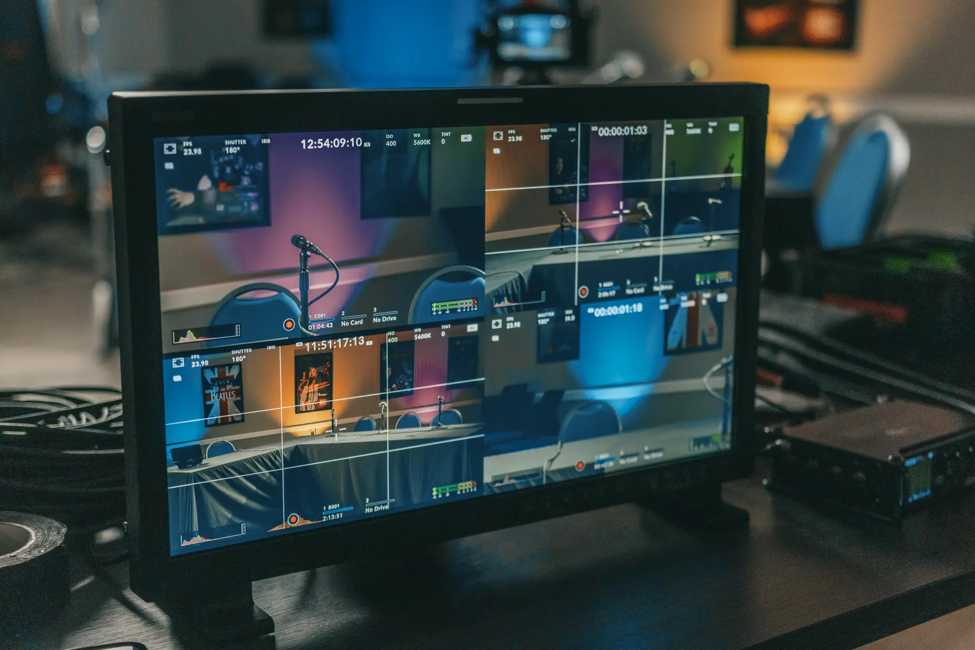 Osee 21" field monitor viewing all 4 cameras for the podcast