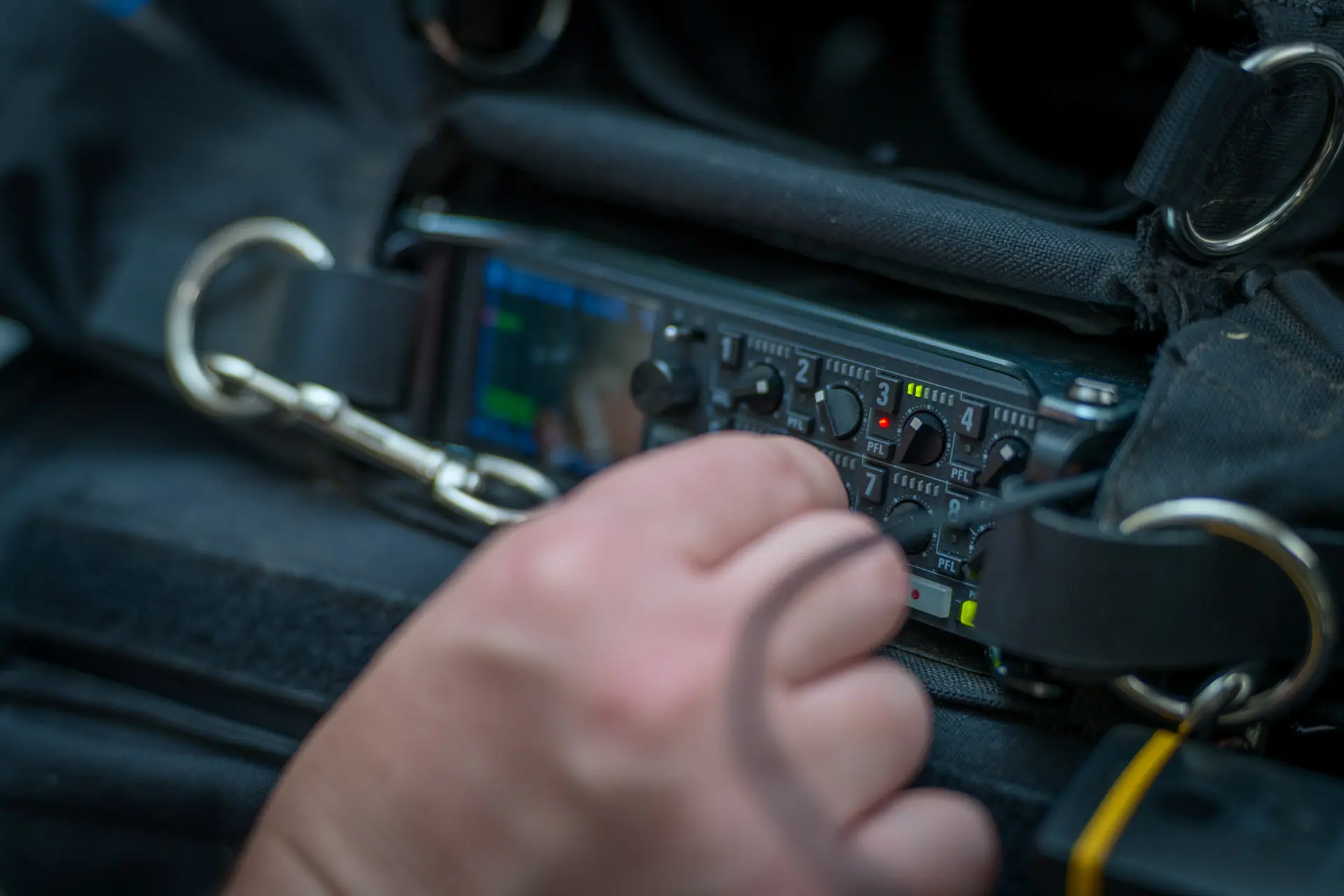 Close up of the Zoom F8n Recorder used for podcasts and production audio