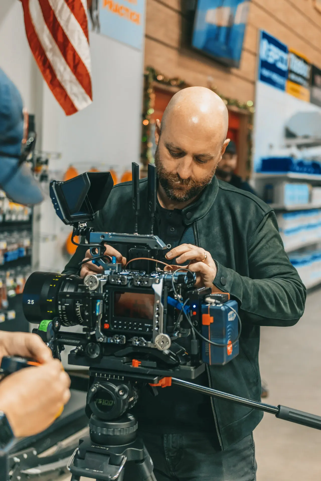 Ross and William building the Pyxis for the first shot of the Affinity Steel 2025 Super Bowl Production